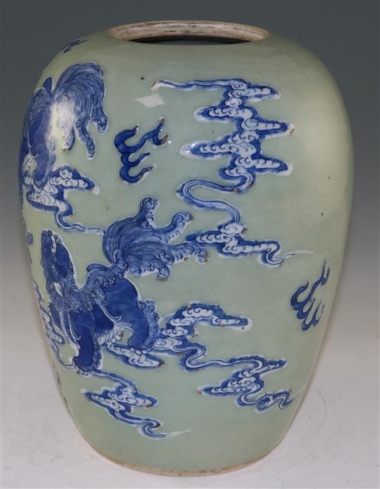 A Chinese celadon glazed ovoid jar, 18th/19th century, 28cm, cover lacking